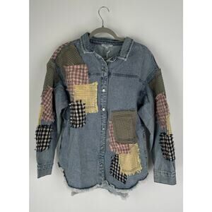 Polagram Patchwork Denim Jacket Long Sleeve Womens Size Medium New Button Front